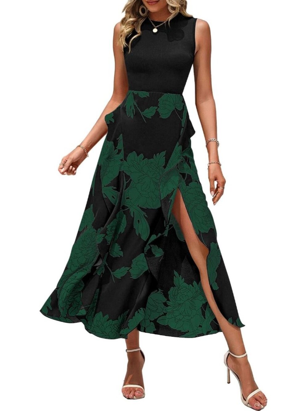 〽️Women’s Dark Green Floral Midi Dress Sleeveless Crewneck Ruffle A Line Summer
